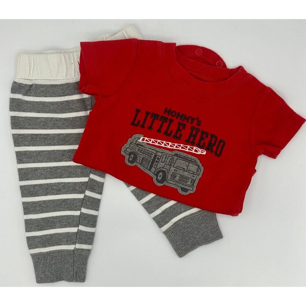 Carter’s Little Hero Set Size 9 Month Red Gray White Stripe Firetruck (799)